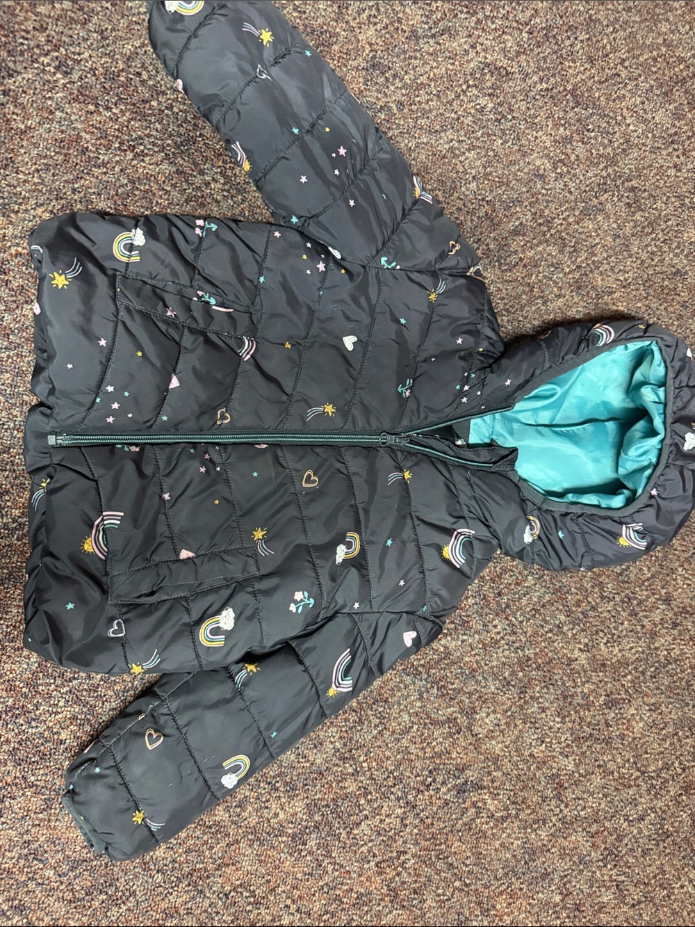 George Black Hooded Puffer Jacket with Rainbow & Teal Lining
